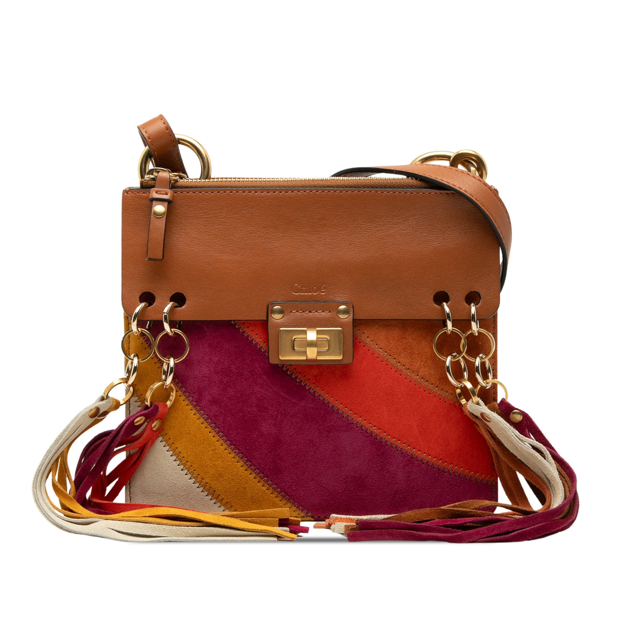 Chloé Small Calfskin and Suede Patchwork Fringe Jane Crossbody