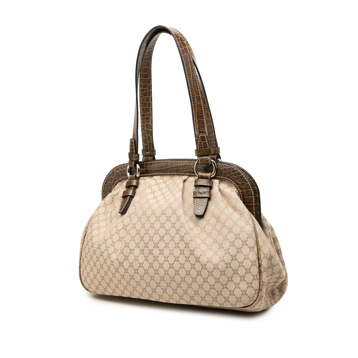 Celine Macadam Canvas Tassel Frame Satchel — Beige