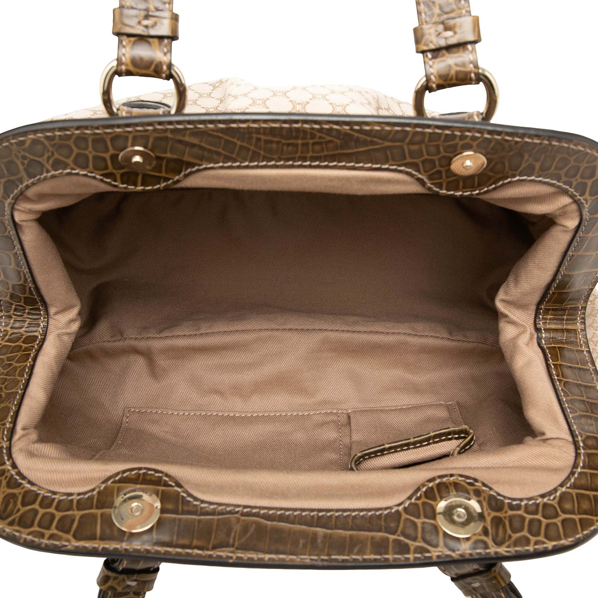 Celine Macadam Canvas Tassel Frame Satchel — Beige