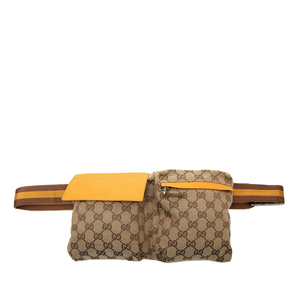 Gucci GG Canvas Web Double Pocket Belt Bag — Beige