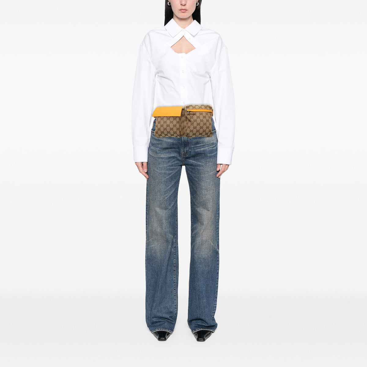 Gucci GG Canvas Web Double Pocket Belt Bag — Beige
