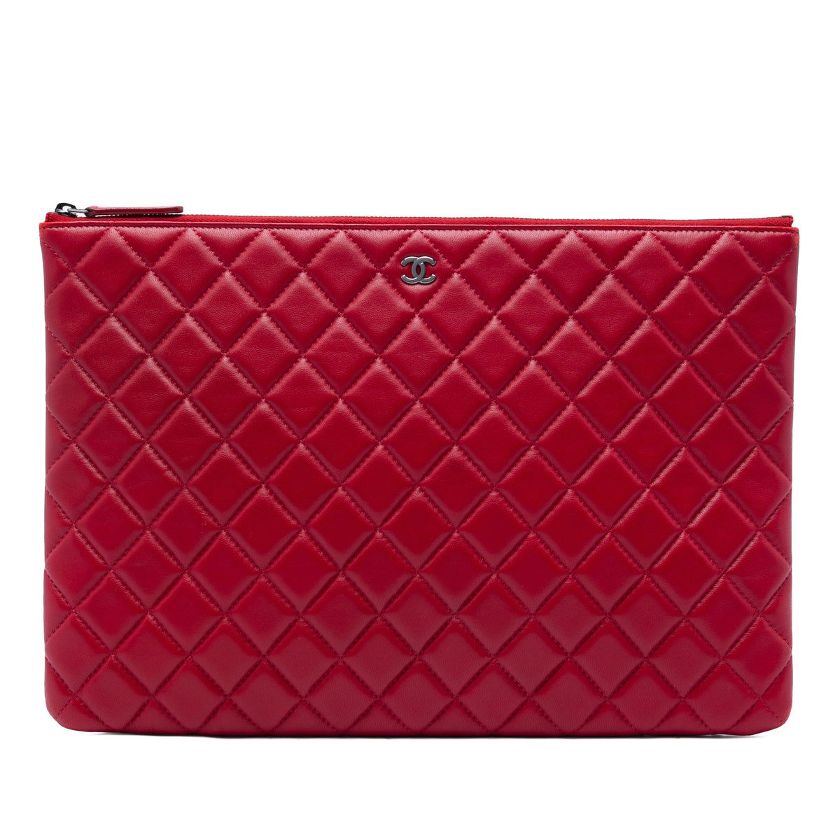 Chanel Large Quilted Lambskin O Case Clutch — Red