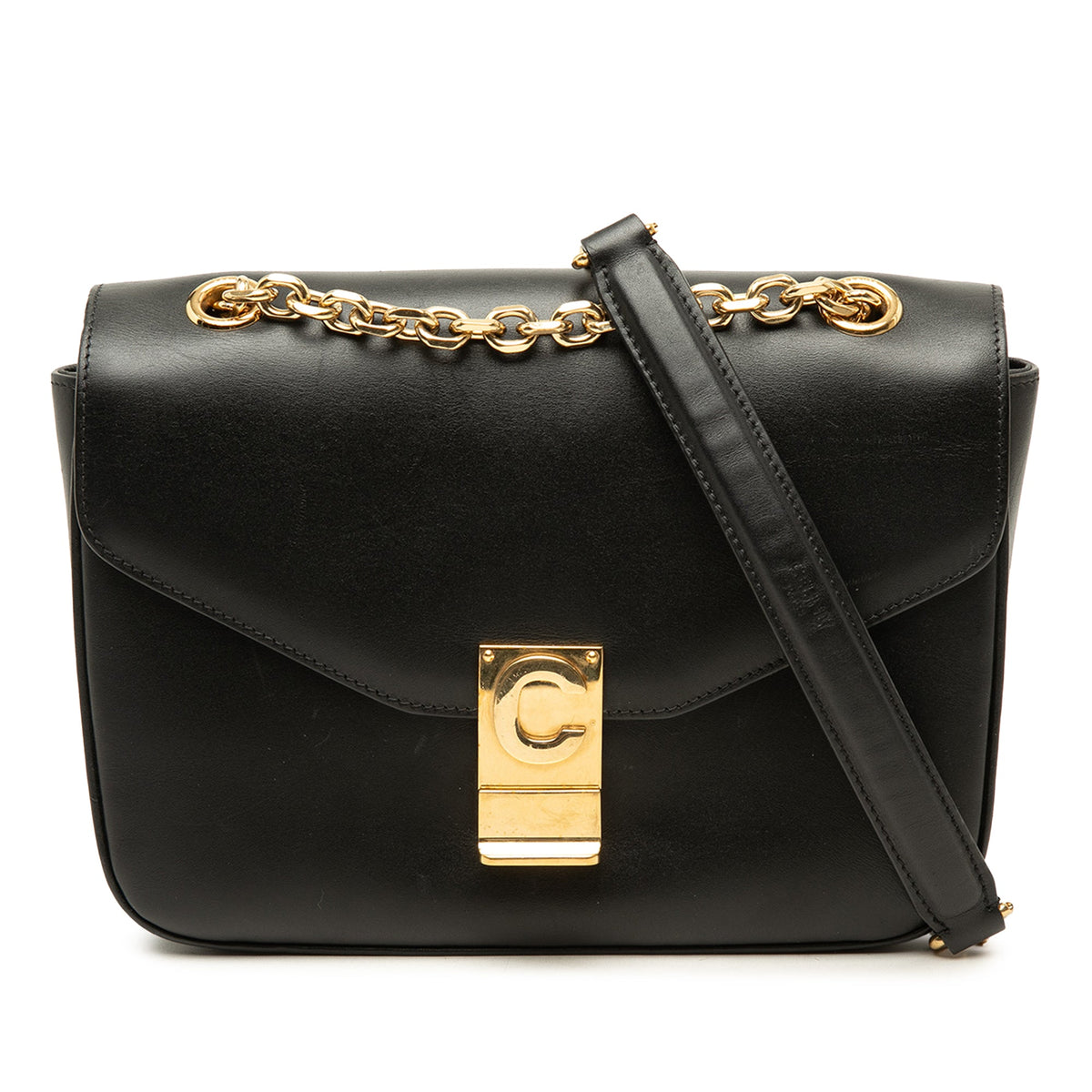 Celine Medium Shiny Calfskin C Shoulder Bag — Black