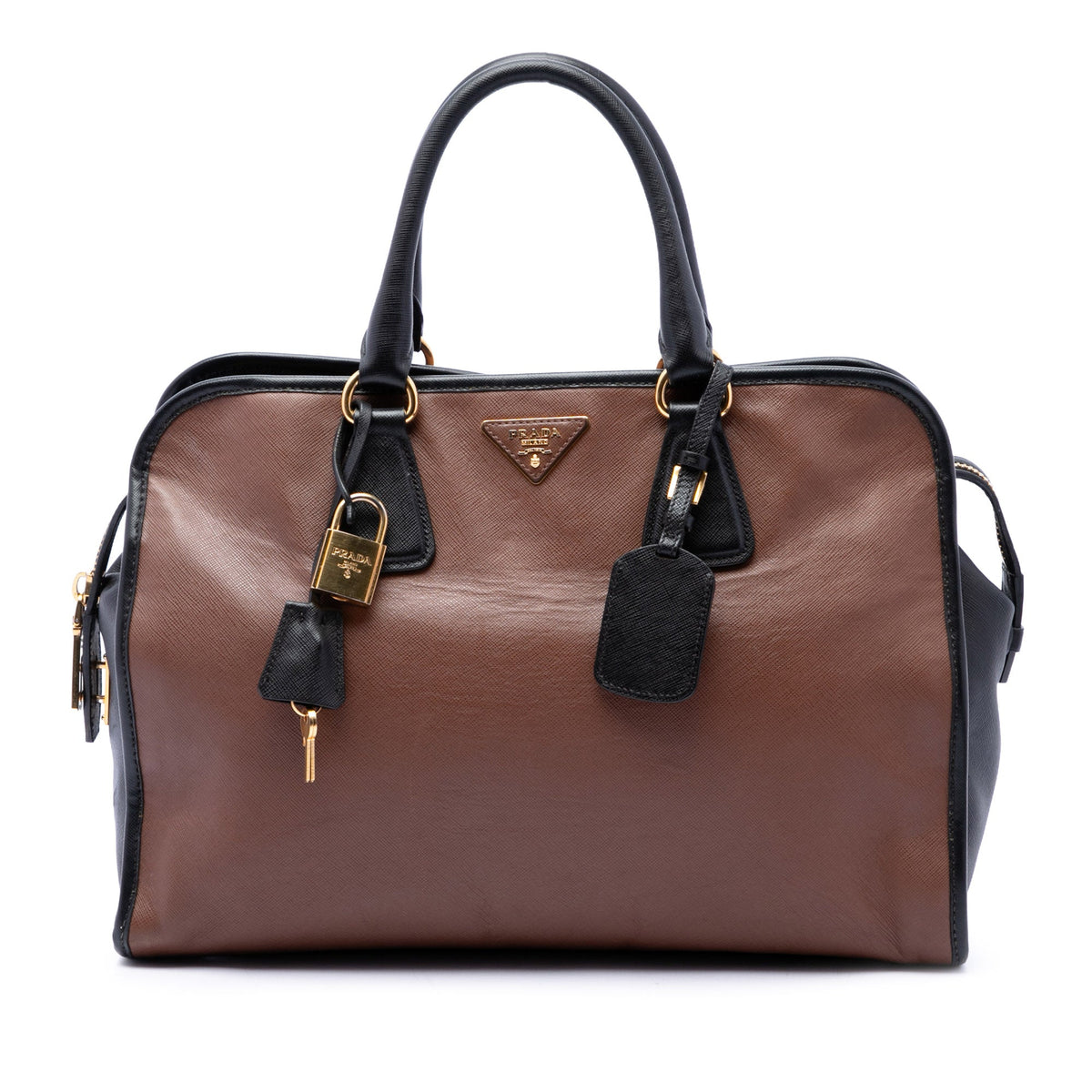 Prada Bicolor Saffiano Top Handle Handbag — Black