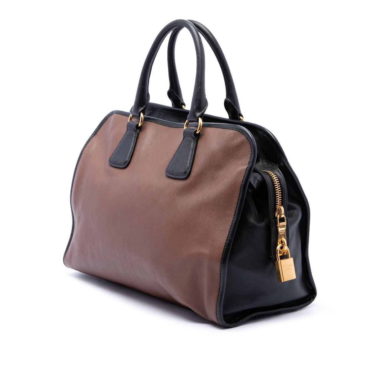 Prada Bicolor Saffiano Top Handle Handbag — Black