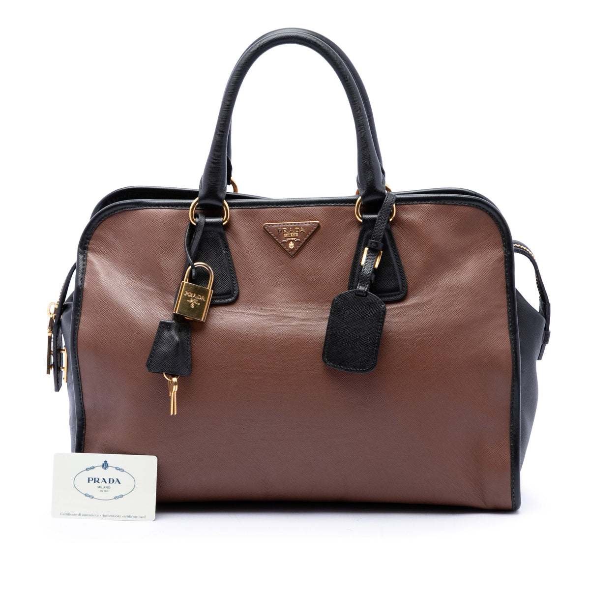Prada Bicolor Saffiano Top Handle Handbag — Black