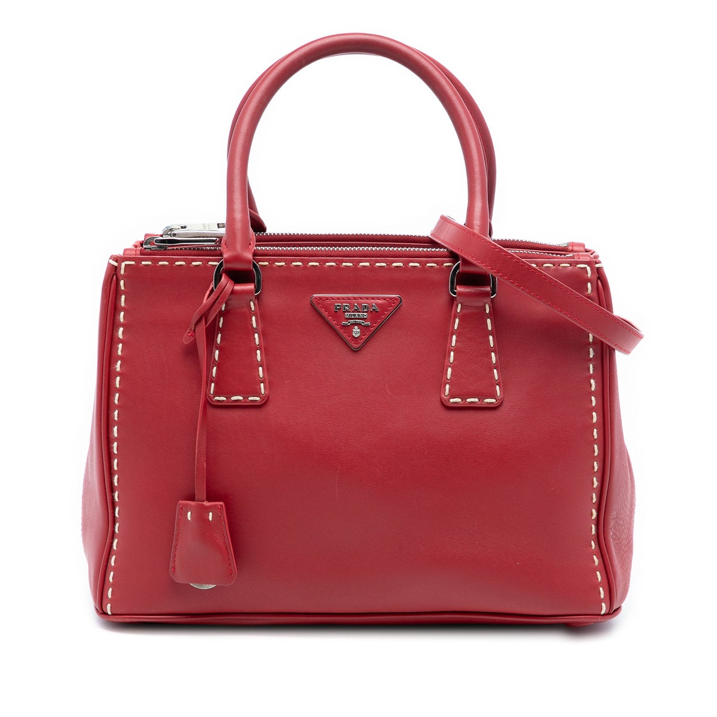 Prada Small City Calf Hand Stitched Galleria Double Zip Satchel