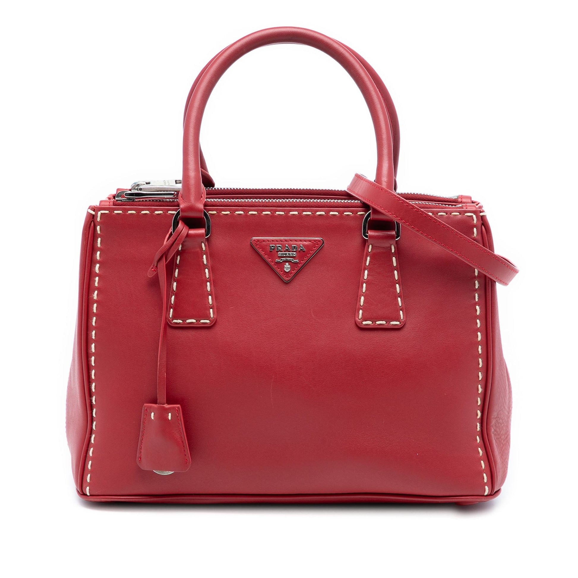 Prada Small City Calf Hand Stitched Galleria Double Zip Satchel