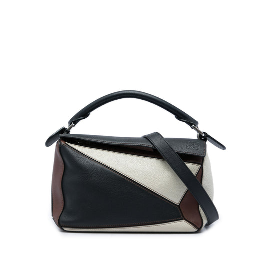 LOEWE Small Tricolor Calfskin Puzzle Satchel — Black