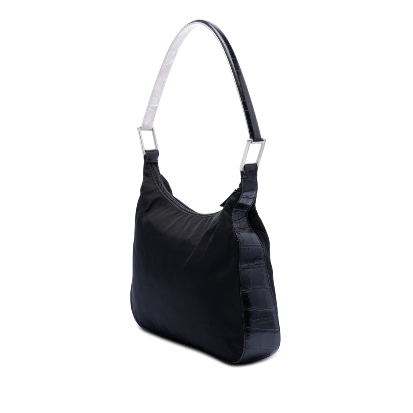 Prada Croc Embossed Leather Trimmed Tessuto Shoulder Bag