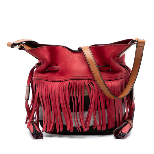 Burberry Small Mega Check Canvas and Suede Fringe Belgrove Bucket Bag