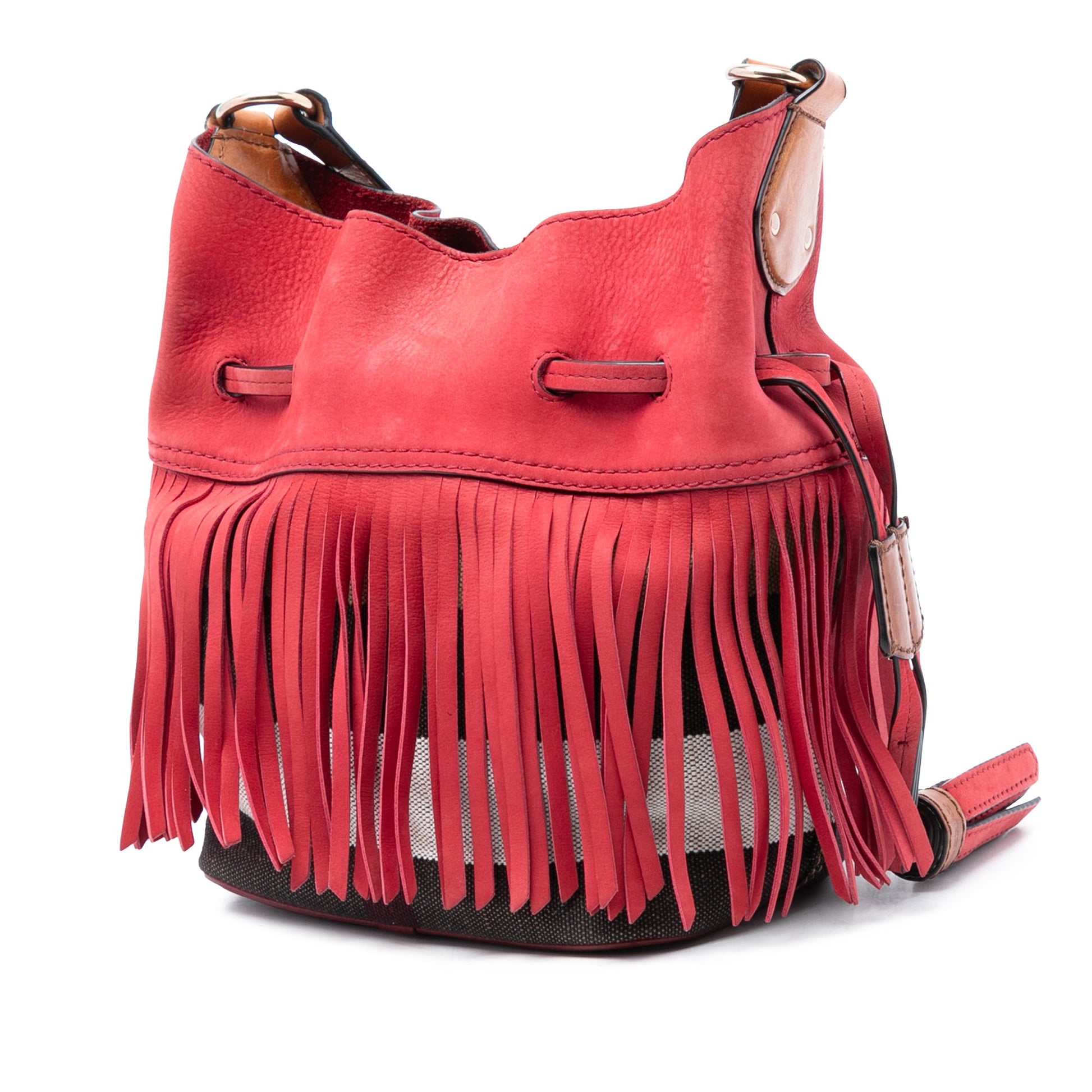 Burberry Small Mega Check Canvas and Suede Fringe Belgrove Bucket Bag