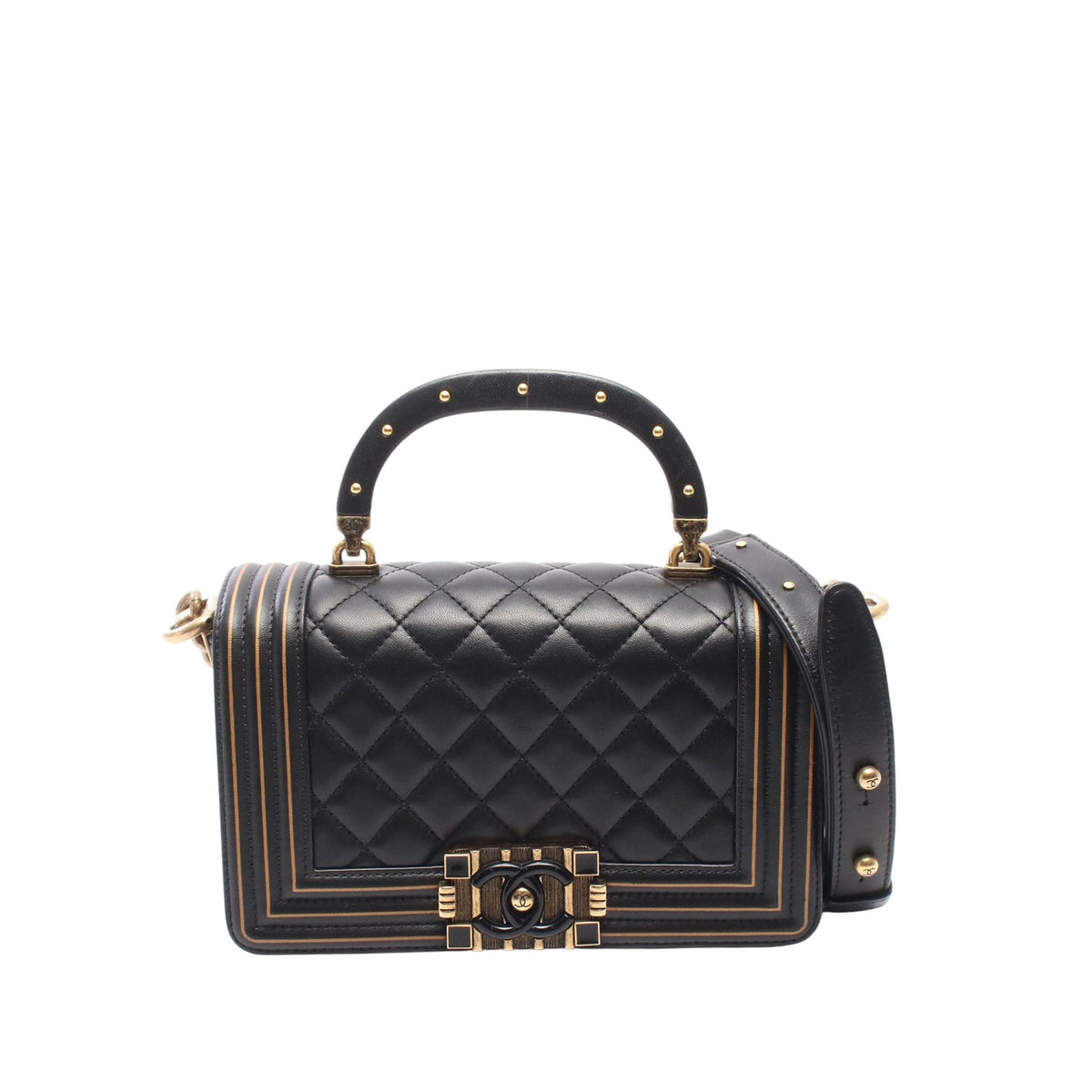 Chanel Small Quilted Lambskin Studded Top Handle Boy Flap Bag — Black