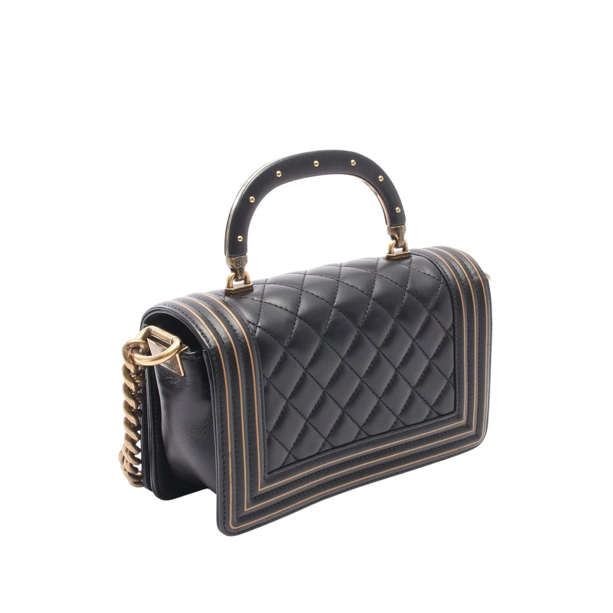 Chanel Small Quilted Lambskin Studded Top Handle Boy Flap Bag — Black