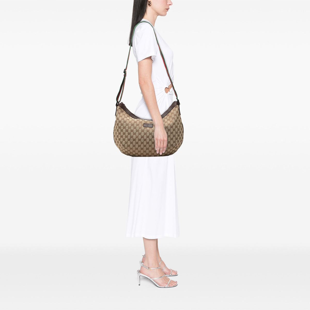 Gucci GG Canvas Web Half Moon Crossbody — Beige
