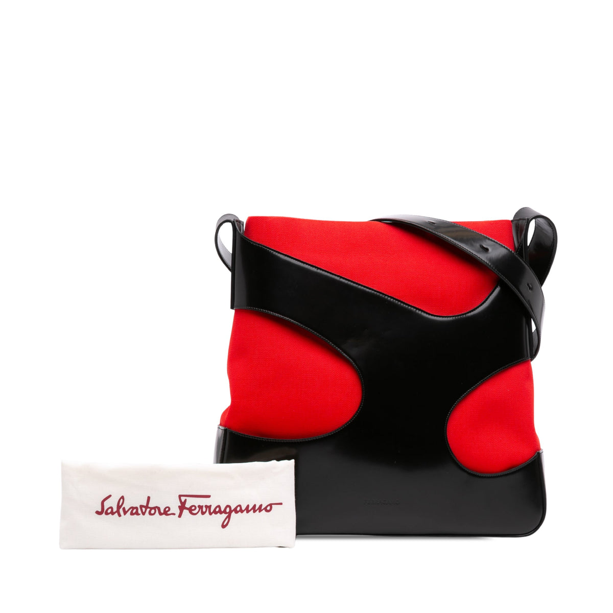 Ferragamo Brushed Calfskin Cut Out and Canvas Crossbody — Black