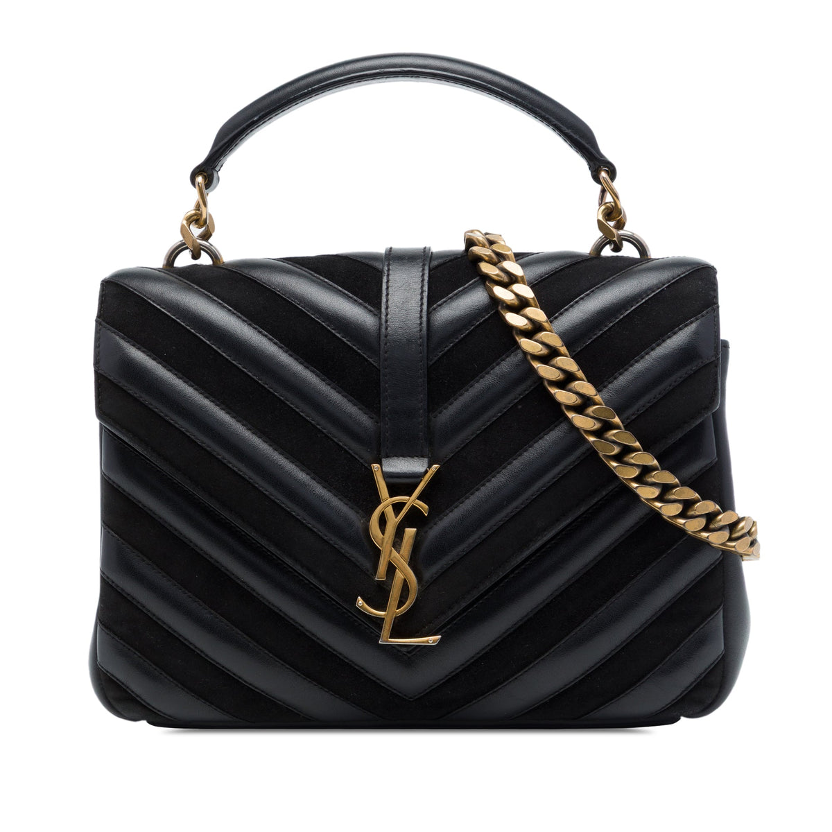 Saint Laurent Medium Calfskin and Suede Chevron Monogram College Satchel — Black