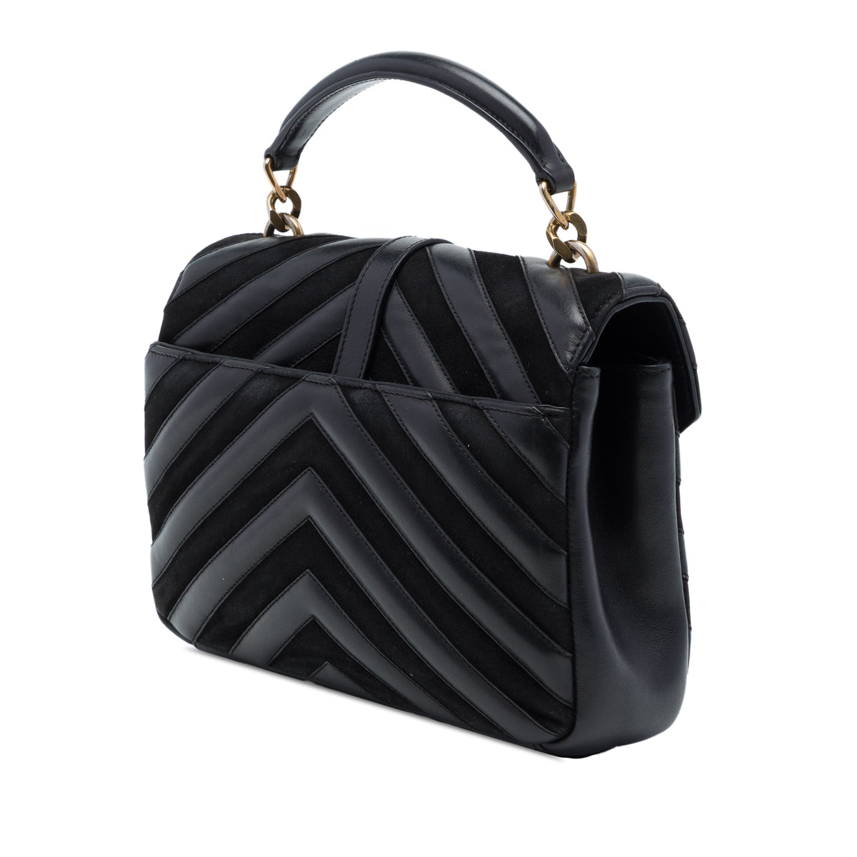Saint Laurent Medium Calfskin and Suede Chevron Monogram College Satchel — Black