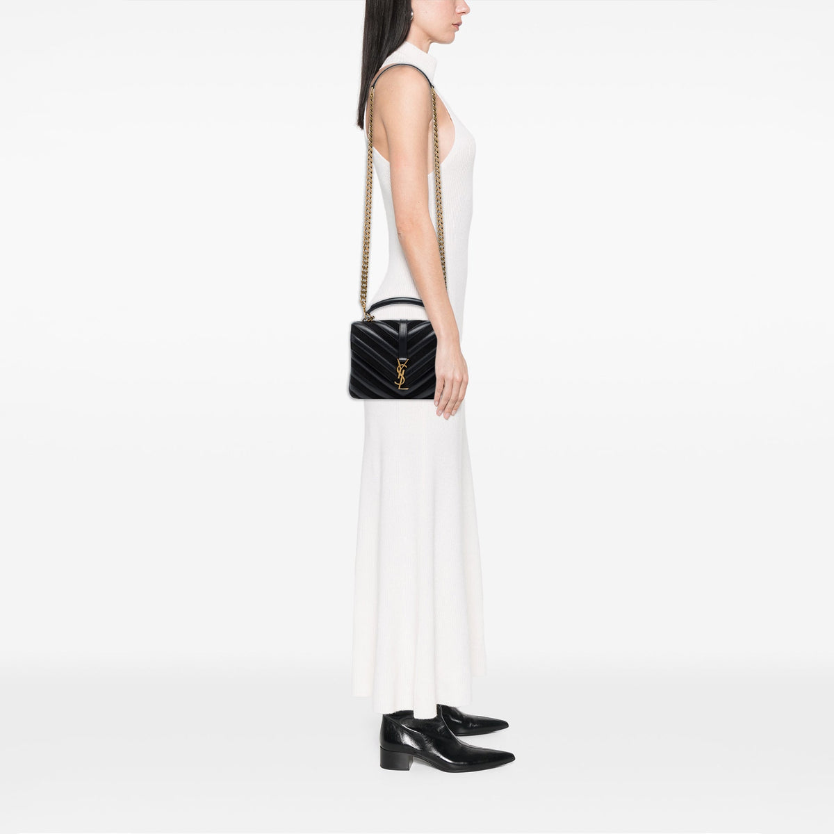 Saint Laurent Medium Calfskin and Suede Chevron Monogram College Satchel — Black