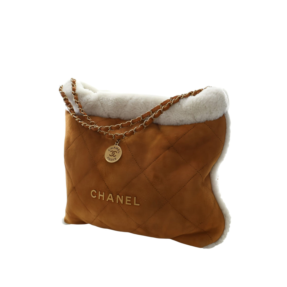 Chanel Large Shearling Trimmed Quilted Suede 22 Hobo — Brown
