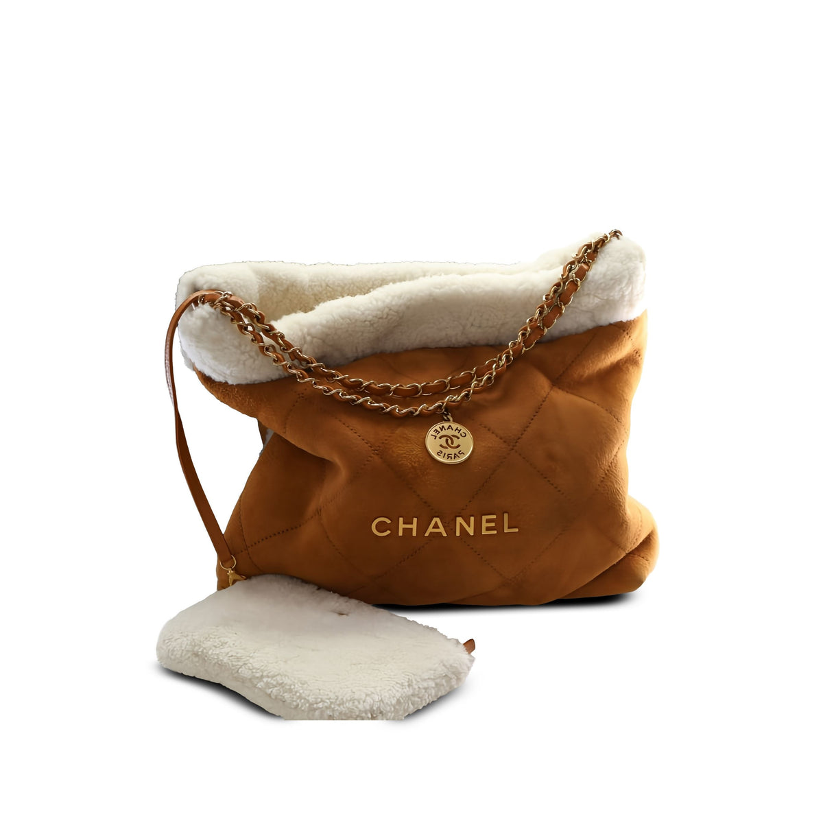Chanel Large Shearling Trimmed Quilted Suede 22 Hobo — Brown