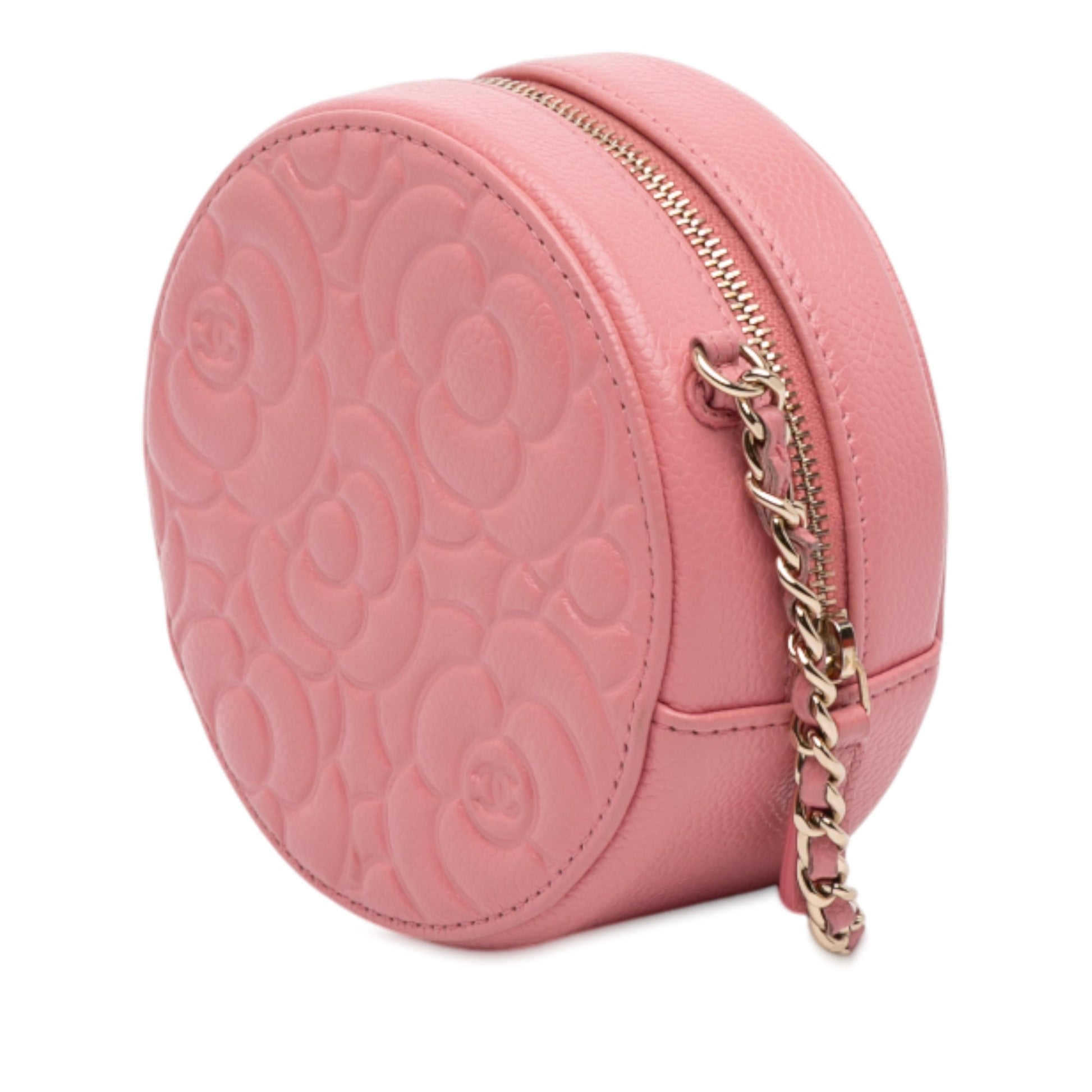 Chanel CC Embossed Caviar Camellia Round Clutch With Chain