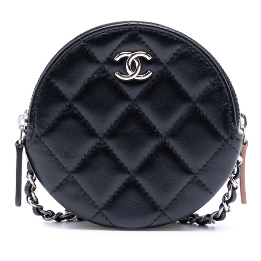 CC Quilted Lambskin Triple Zip Round Clutch With Chain