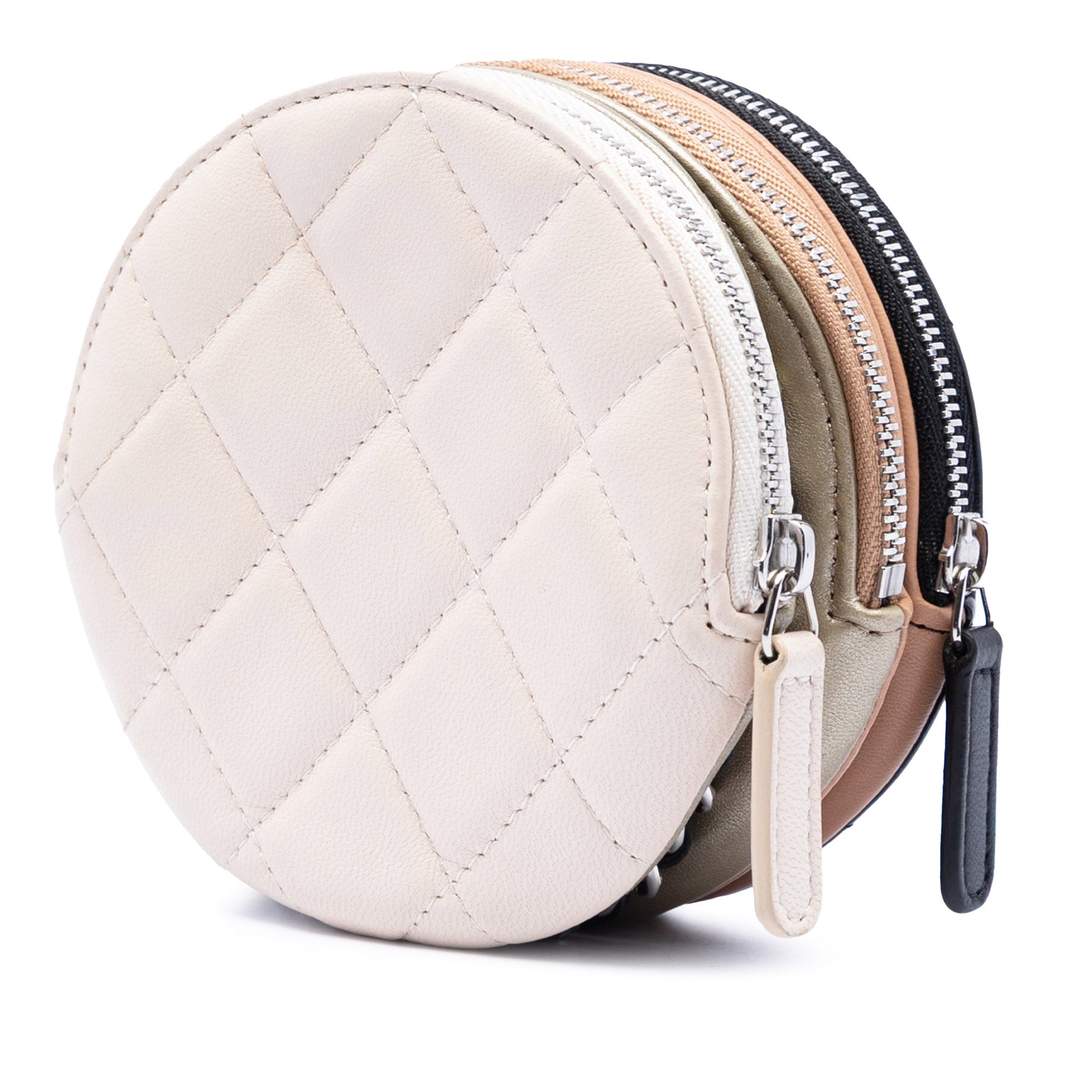 CC Quilted Lambskin Triple Zip Round Clutch With Chain