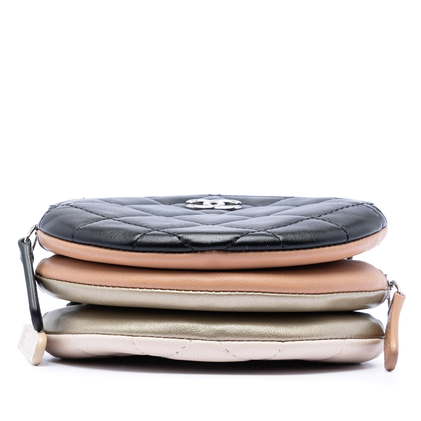CC Quilted Lambskin Triple Zip Round Clutch With Chain