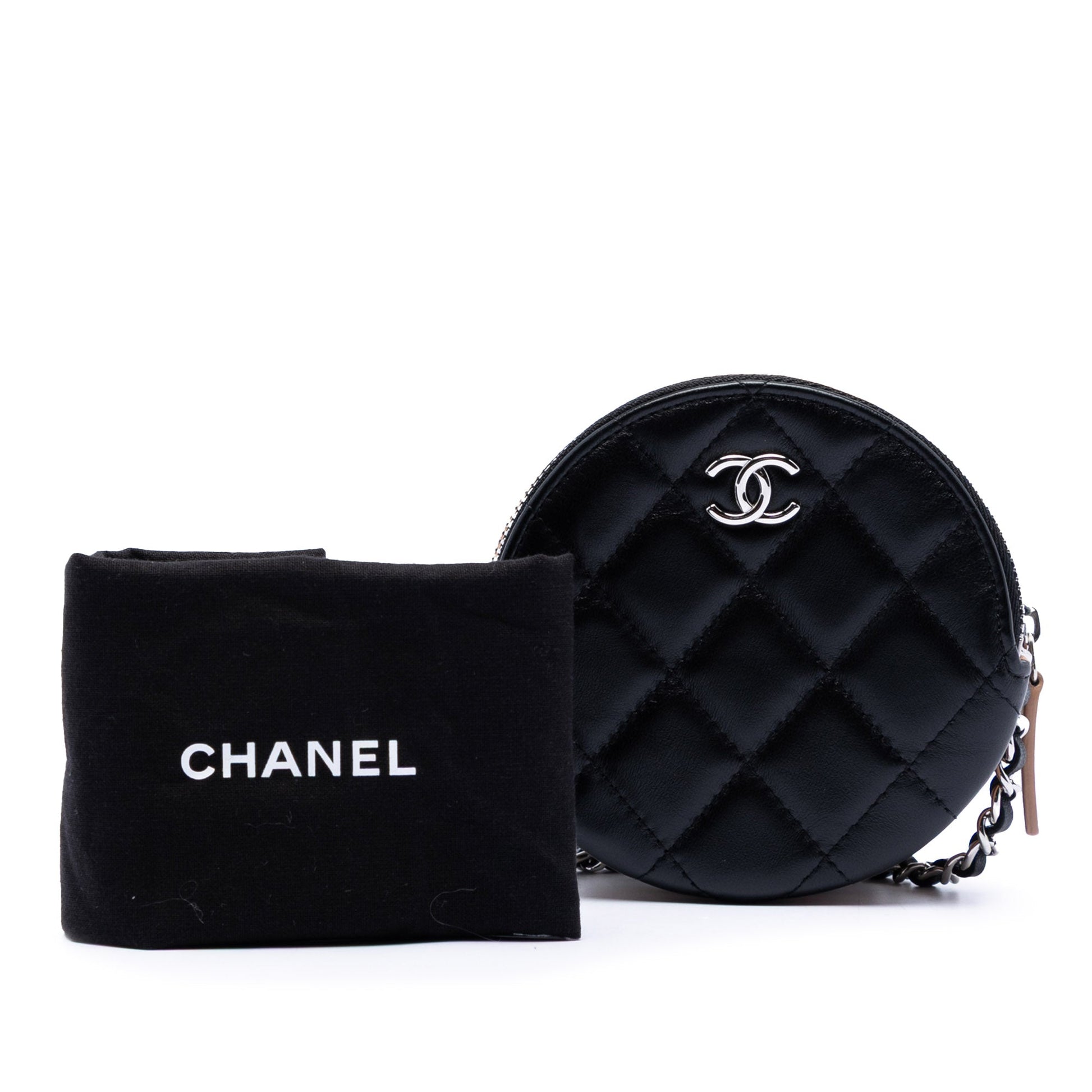 CC Quilted Lambskin Triple Zip Round Clutch With Chain