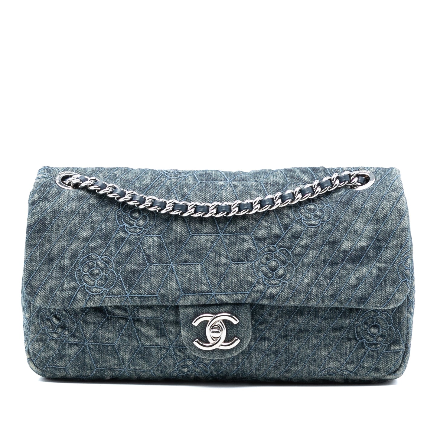 Chanel Large Embroidered Denim Camellia Flap
