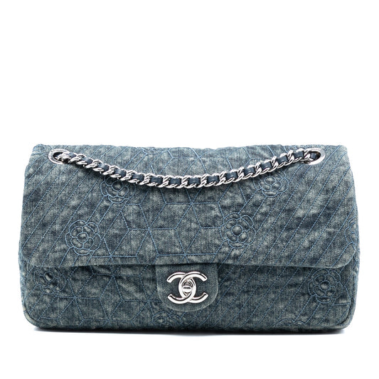 Chanel Large Embroidered Denim Camellia Flap