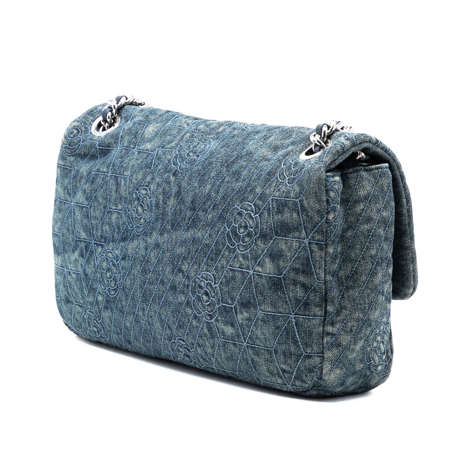 Chanel Large Embroidered Denim Camellia Flap