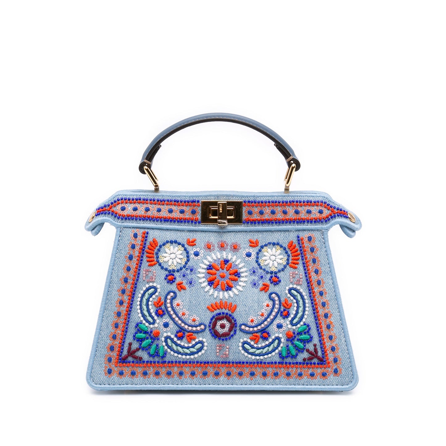 Fendi Petite Embroidered Denim Peekaboo ISeeU Satchel