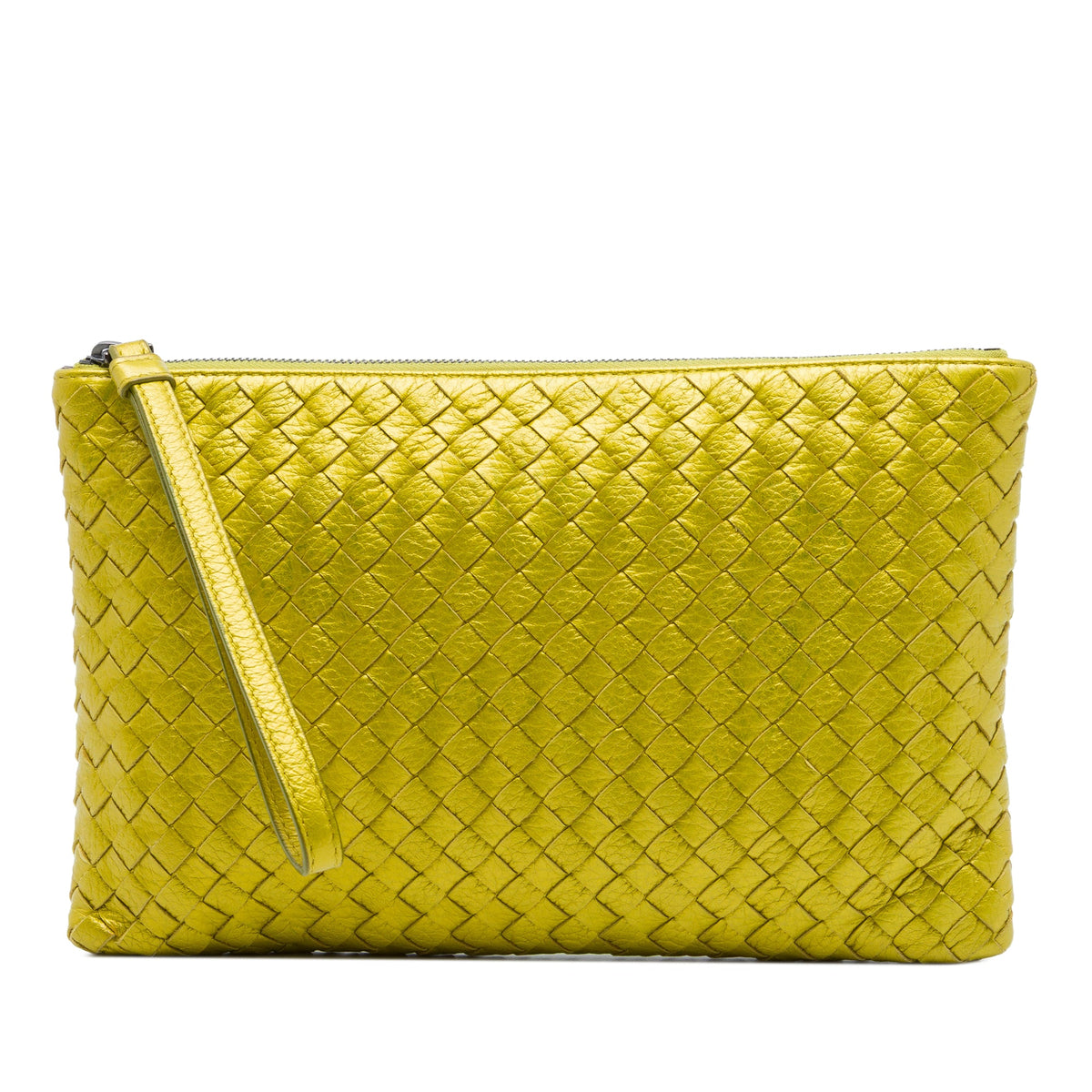 Bottega Veneta Metallic Leather Intrecciato Clutch — Yellow