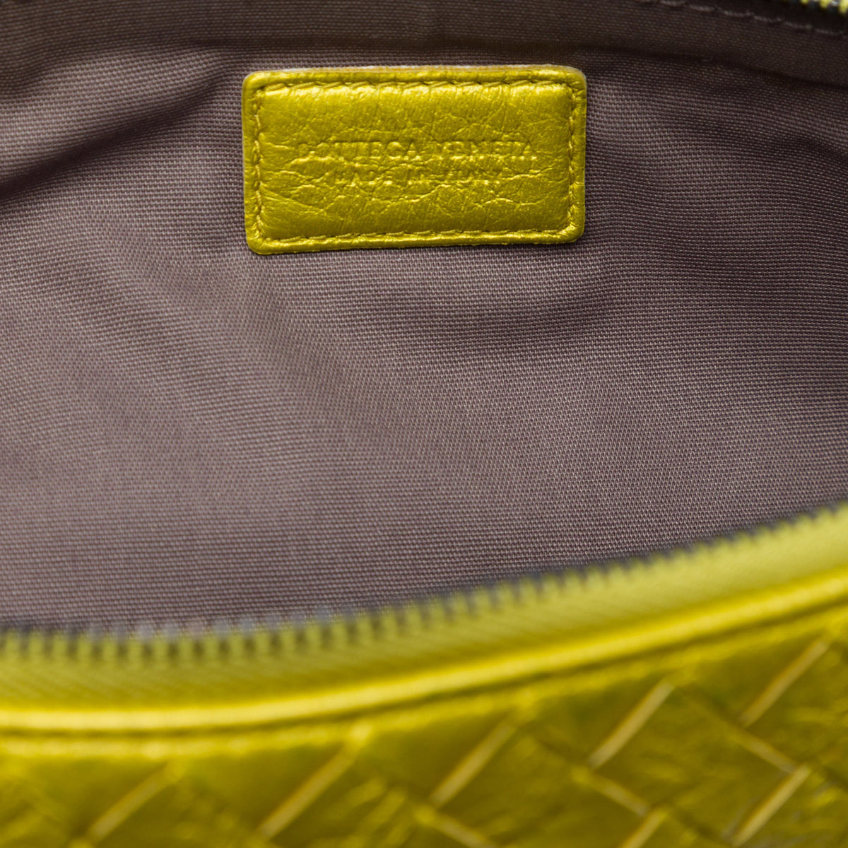 Bottega Veneta Metallic Leather Intrecciato Clutch — Yellow