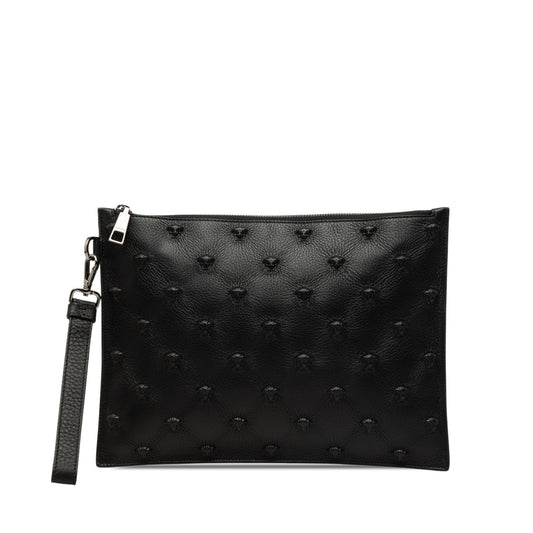 Versace Embossed Leather Medusa Wristlet Clutch — Black