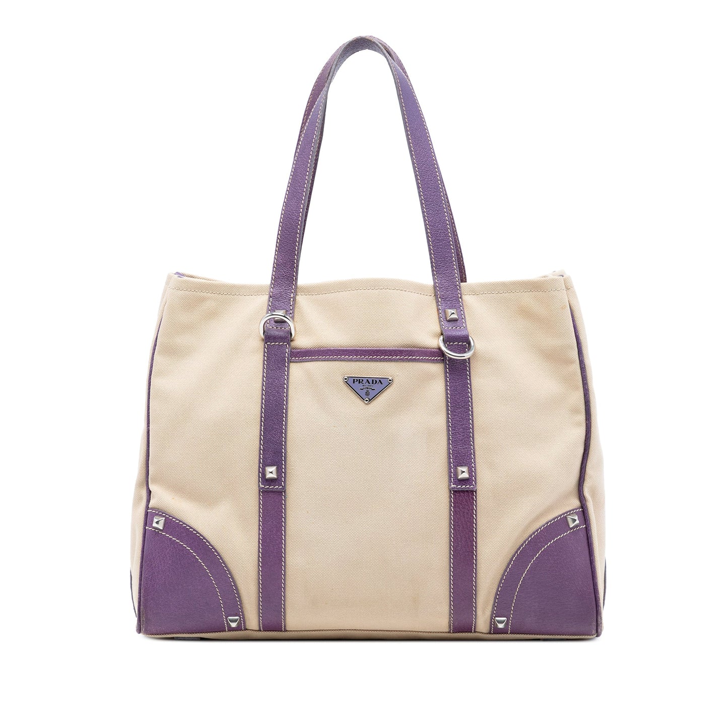 Prada Studded Leather Trimmed Canvas Front Pocket Tote