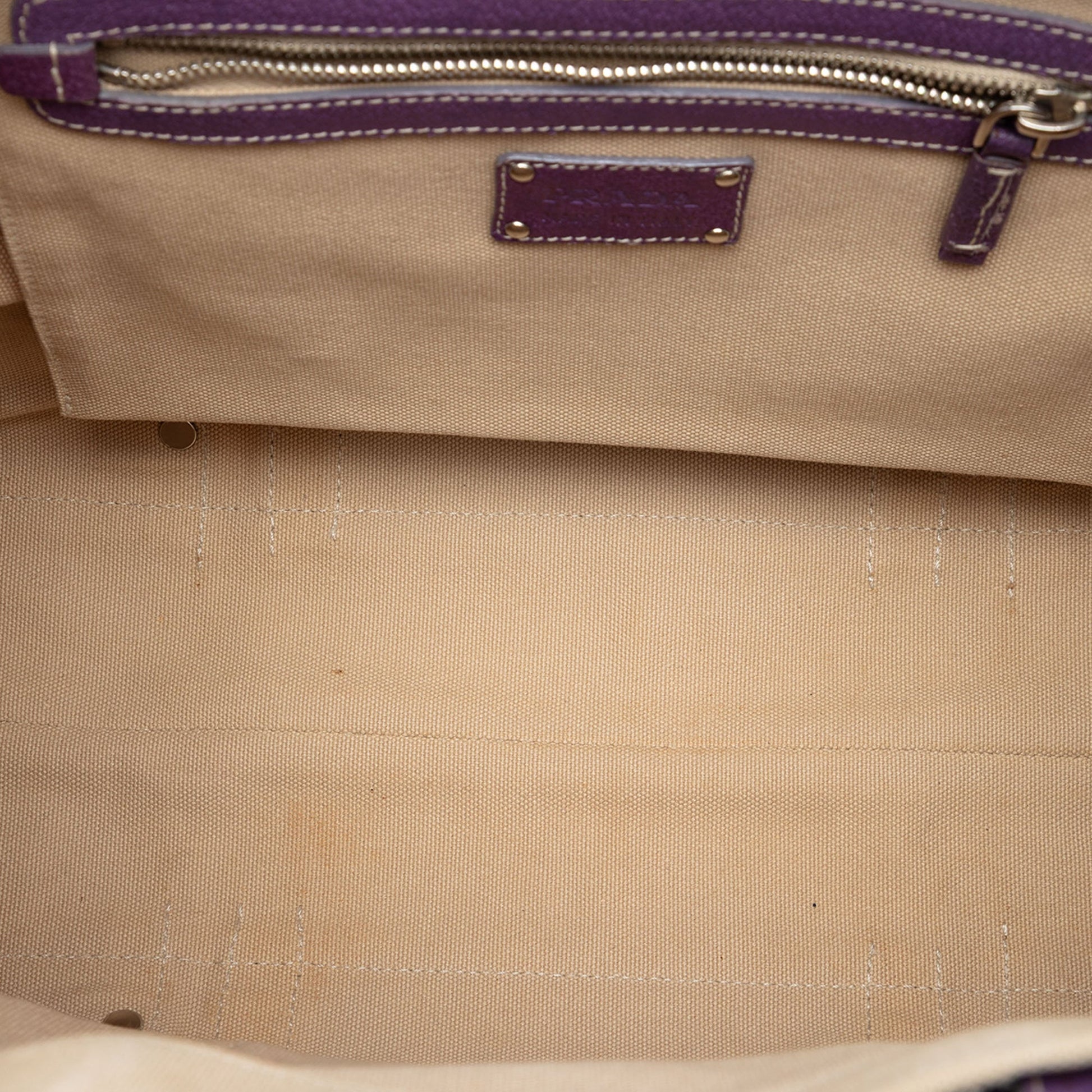 Prada Studded Leather Trimmed Canvas Front Pocket Tote