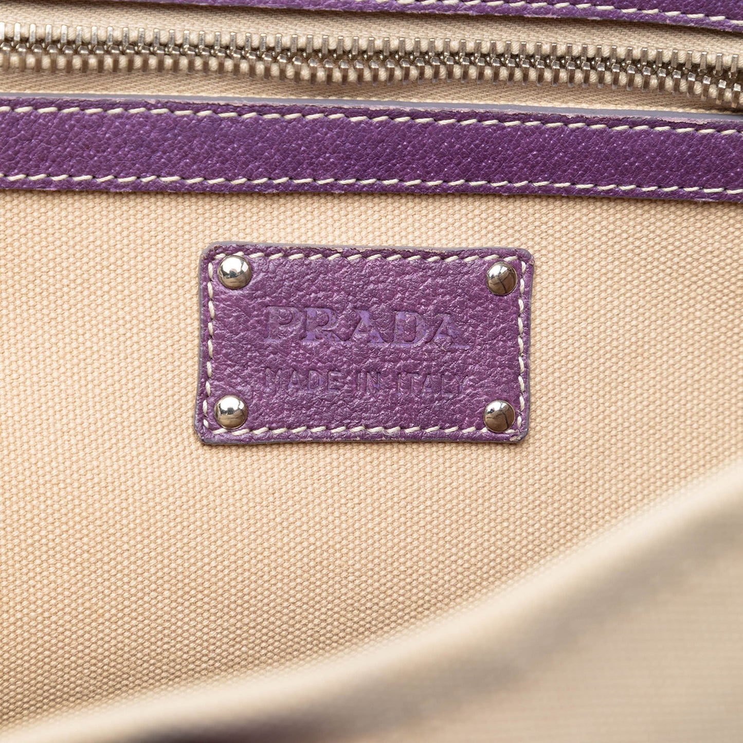 Prada Studded Leather Trimmed Canvas Front Pocket Tote