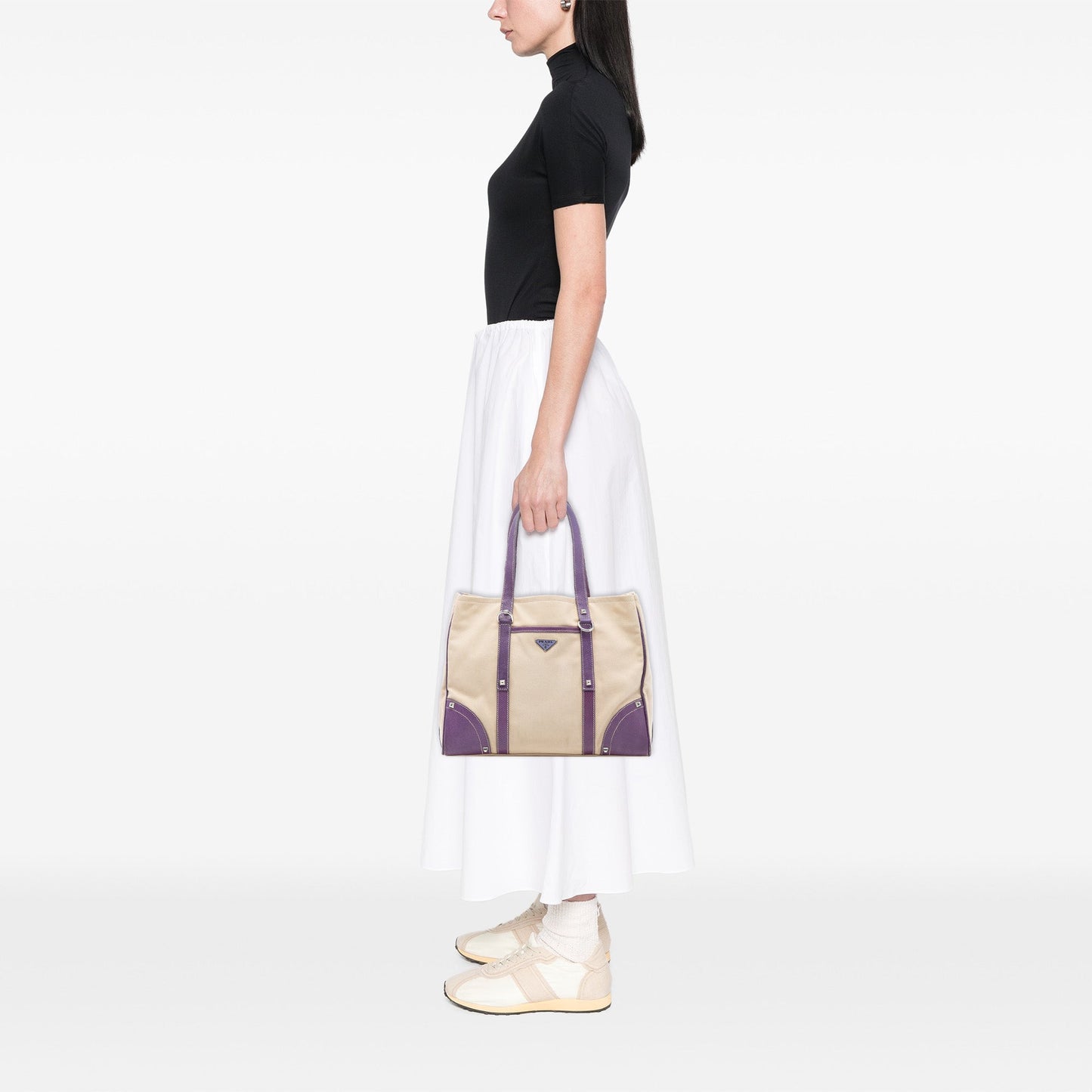 Prada Studded Leather Trimmed Canvas Front Pocket Tote