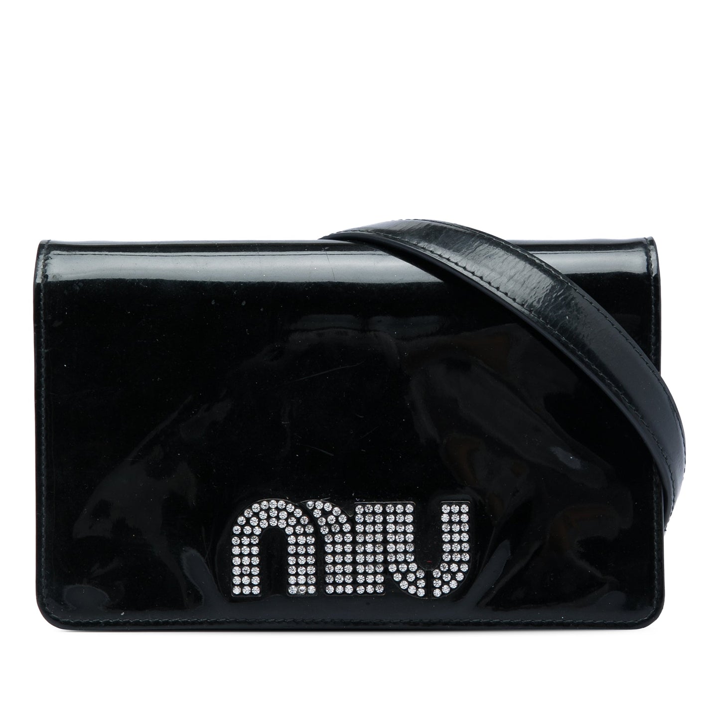 Miu Miu Patent Crystal Embellished Logo Wallet On Chain