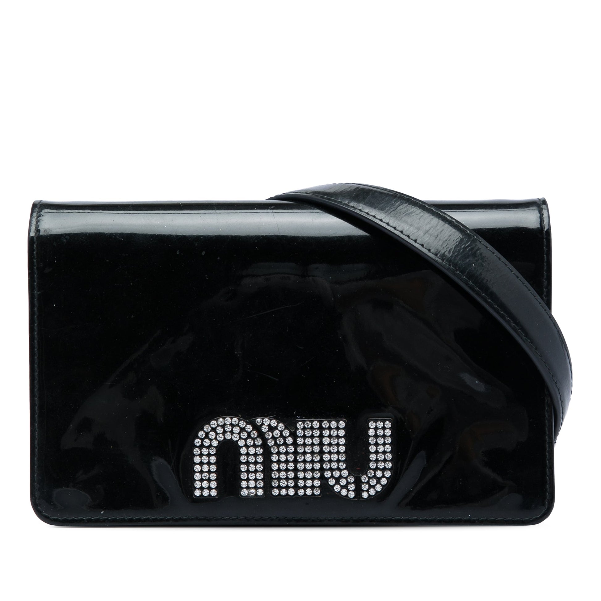 Miu Miu Patent Crystal Embellished Logo Wallet On Chain
