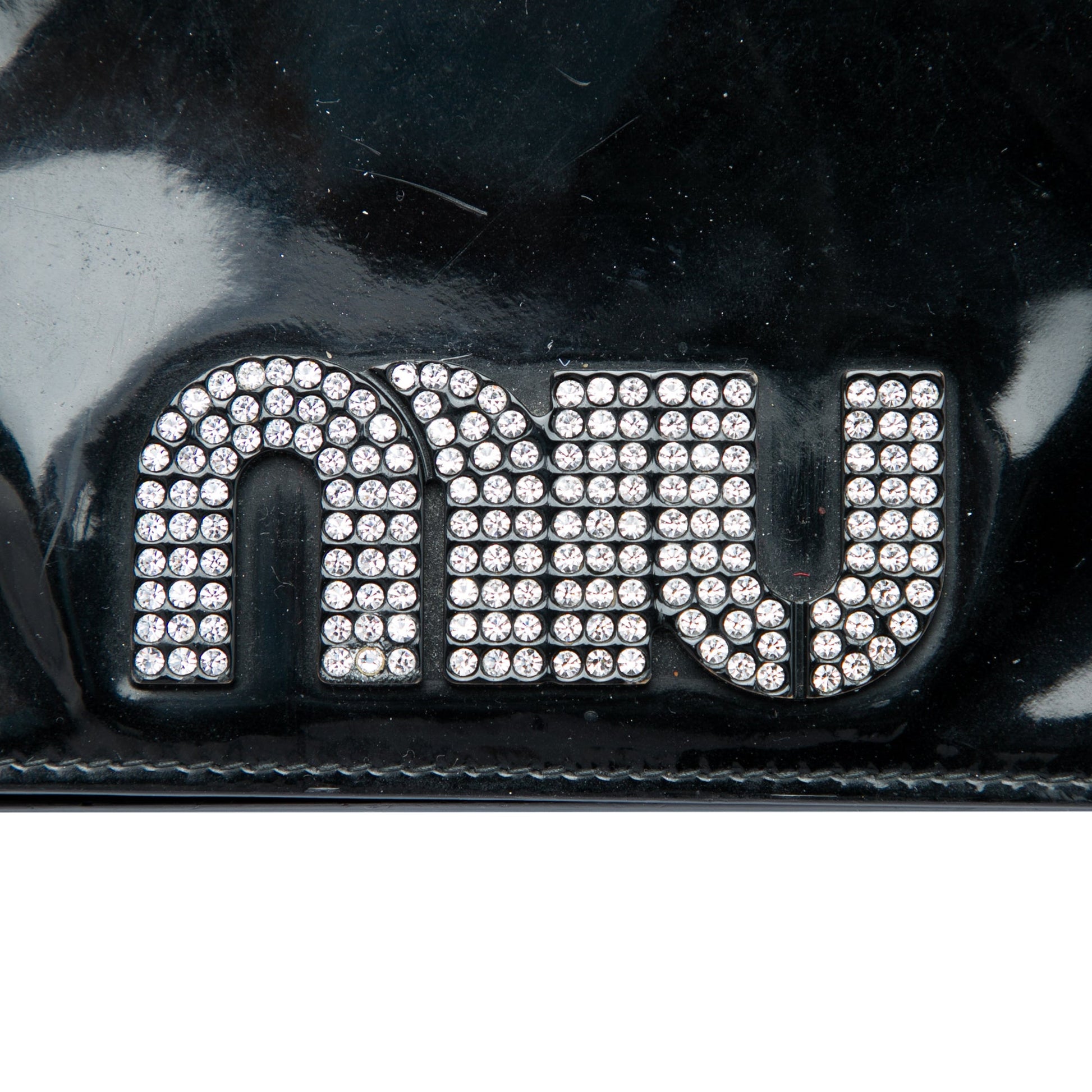 Miu Miu Patent Crystal Embellished Logo Wallet On Chain