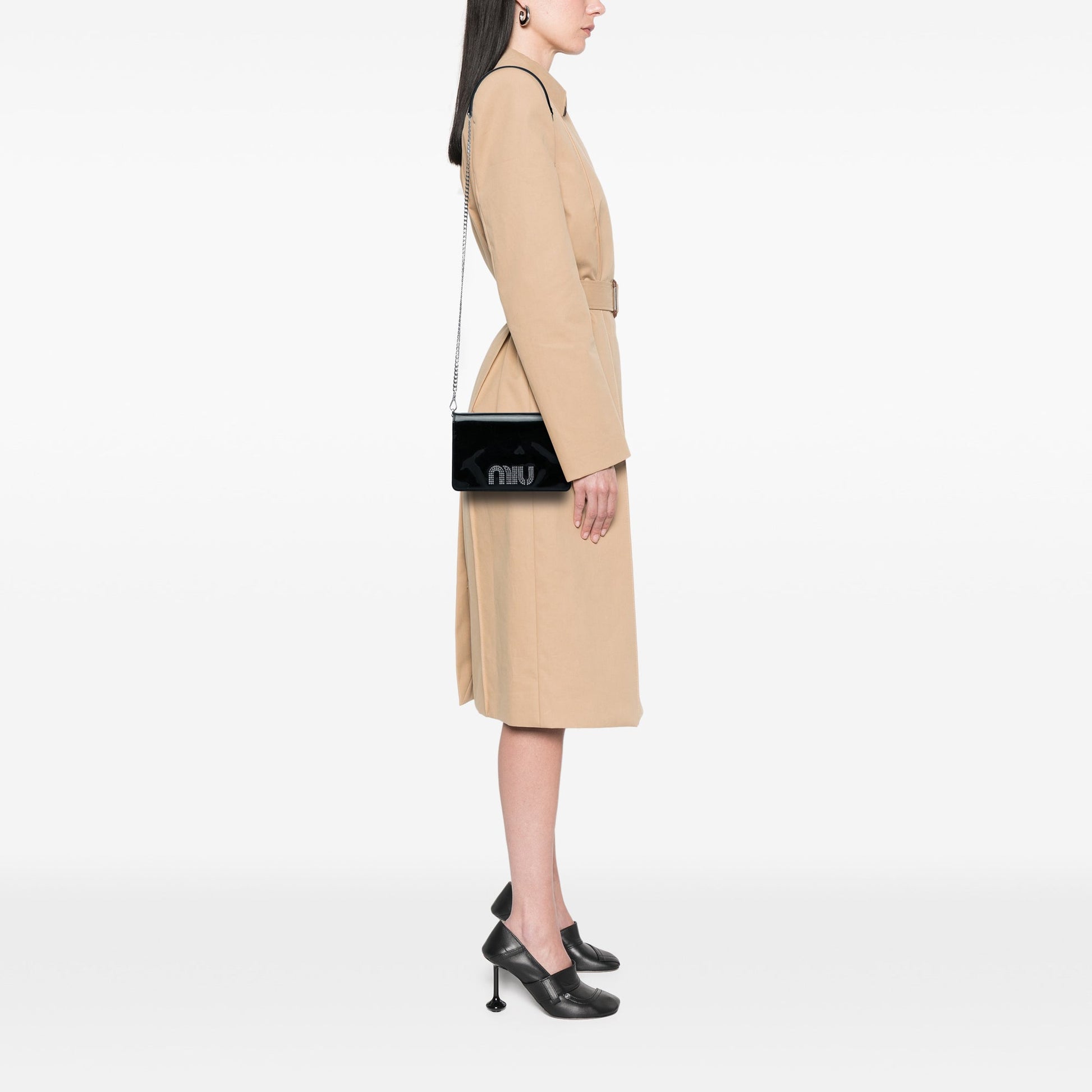Miu Miu Patent Crystal Embellished Logo Wallet On Chain