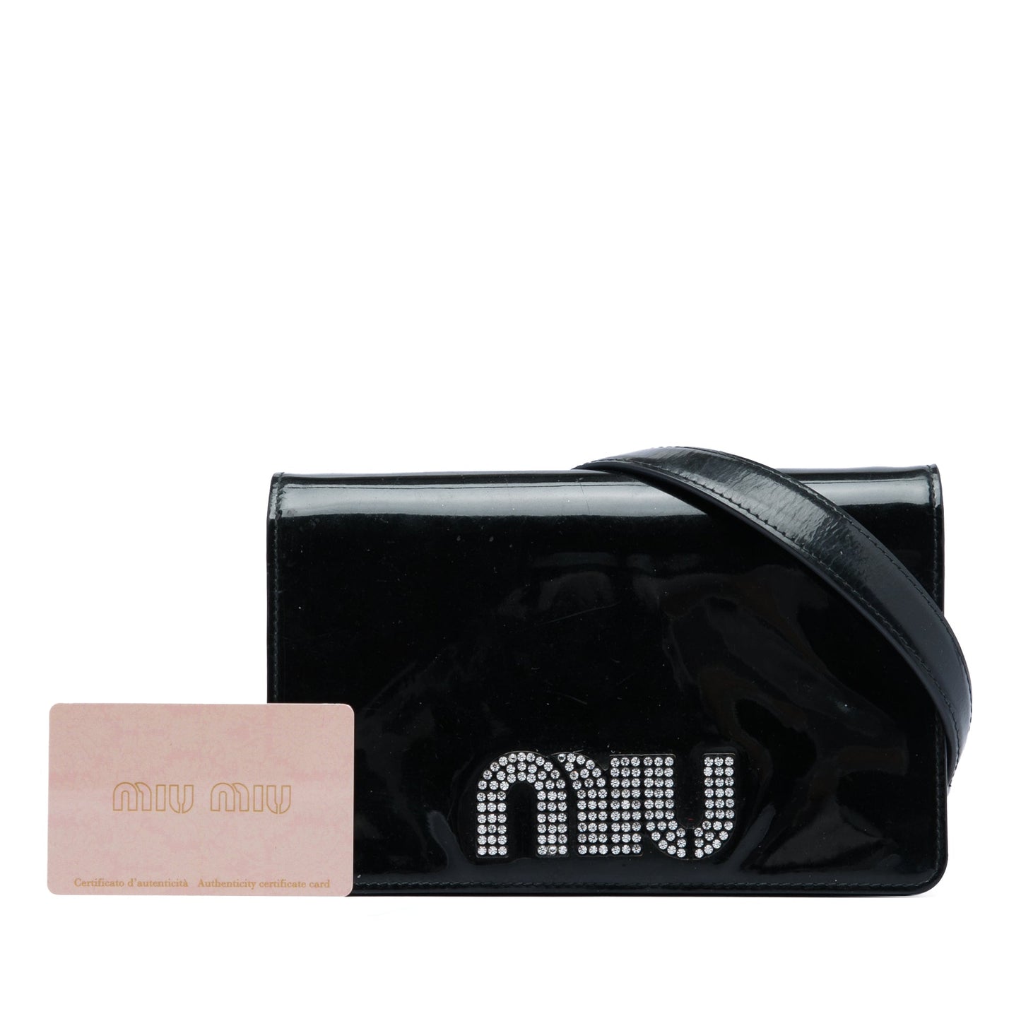 Miu Miu Patent Crystal Embellished Logo Wallet On Chain