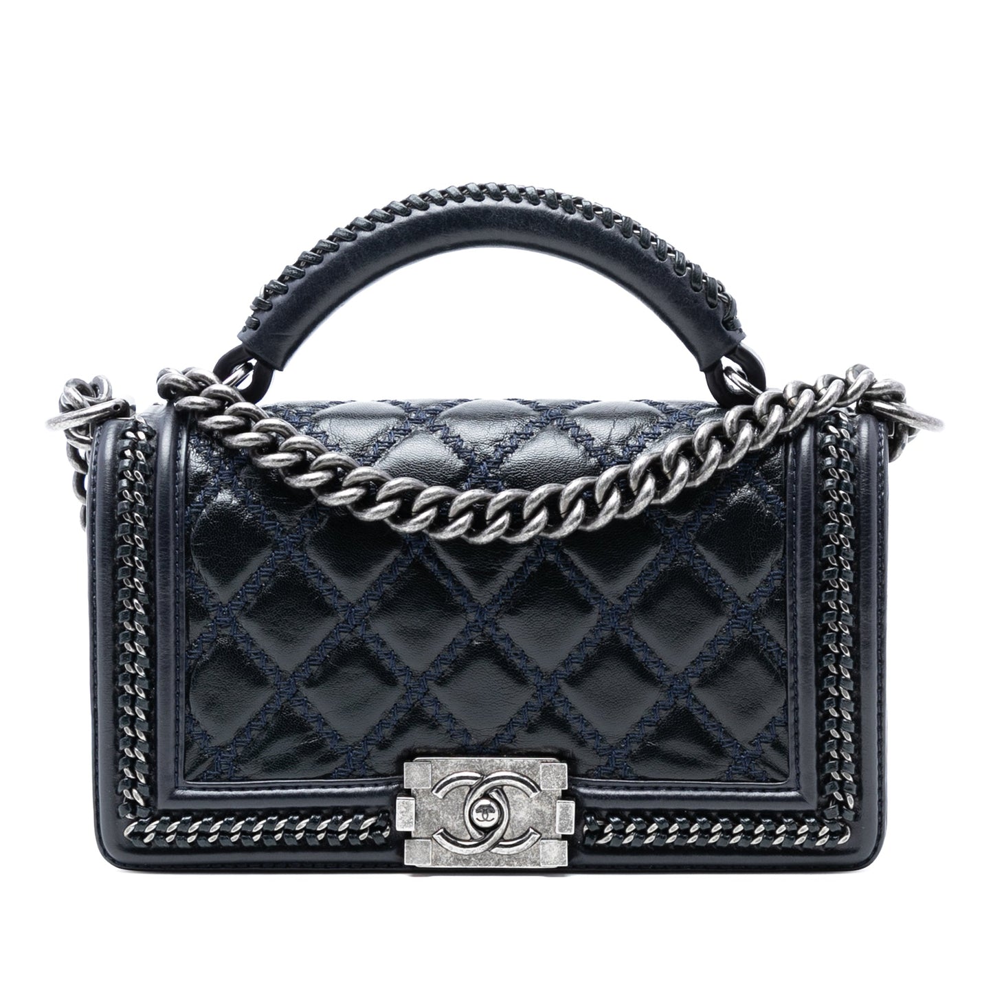 Old Medium Quilted Calfskin Whipstitch Chain Around Boy Top Handle Flap