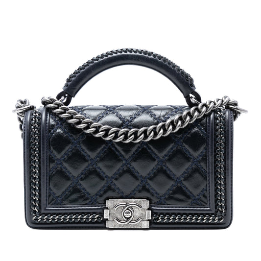 Old Medium Quilted Calfskin Whipstitch Chain Around Boy Top Handle Flap