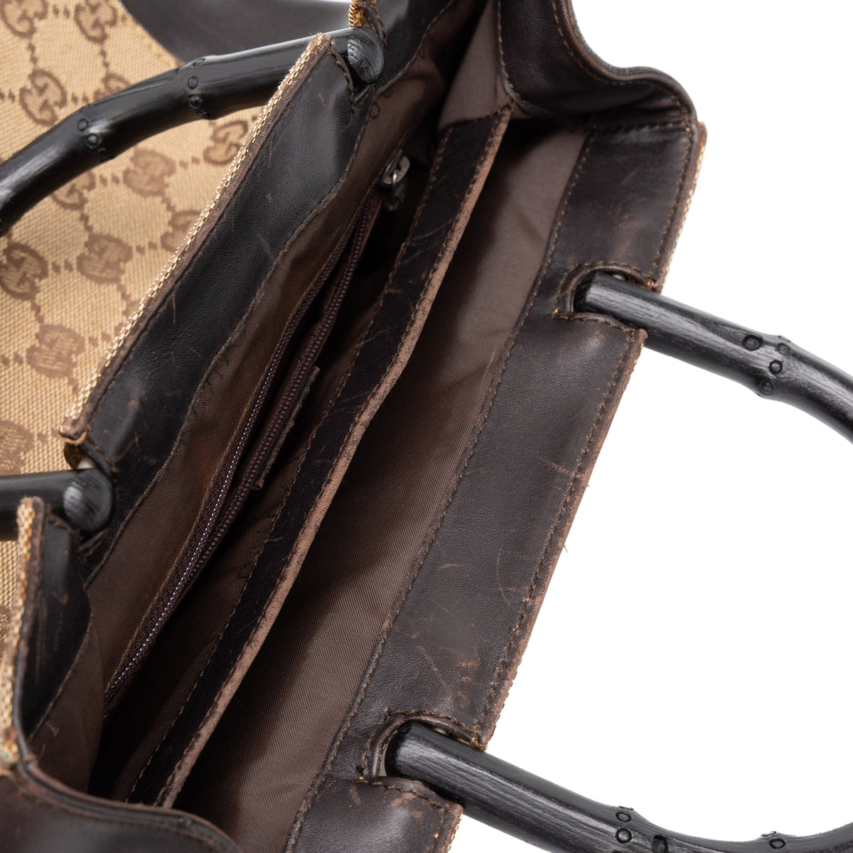 Gucci GG Canvas and Calfskin Bamboo Top Handle Bag — Beige