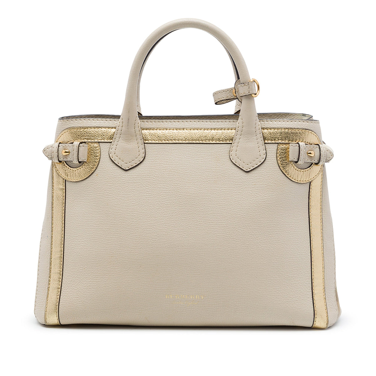 Burberry Medium Bicolor Leather and House Check Canvas Banner Satchel — White